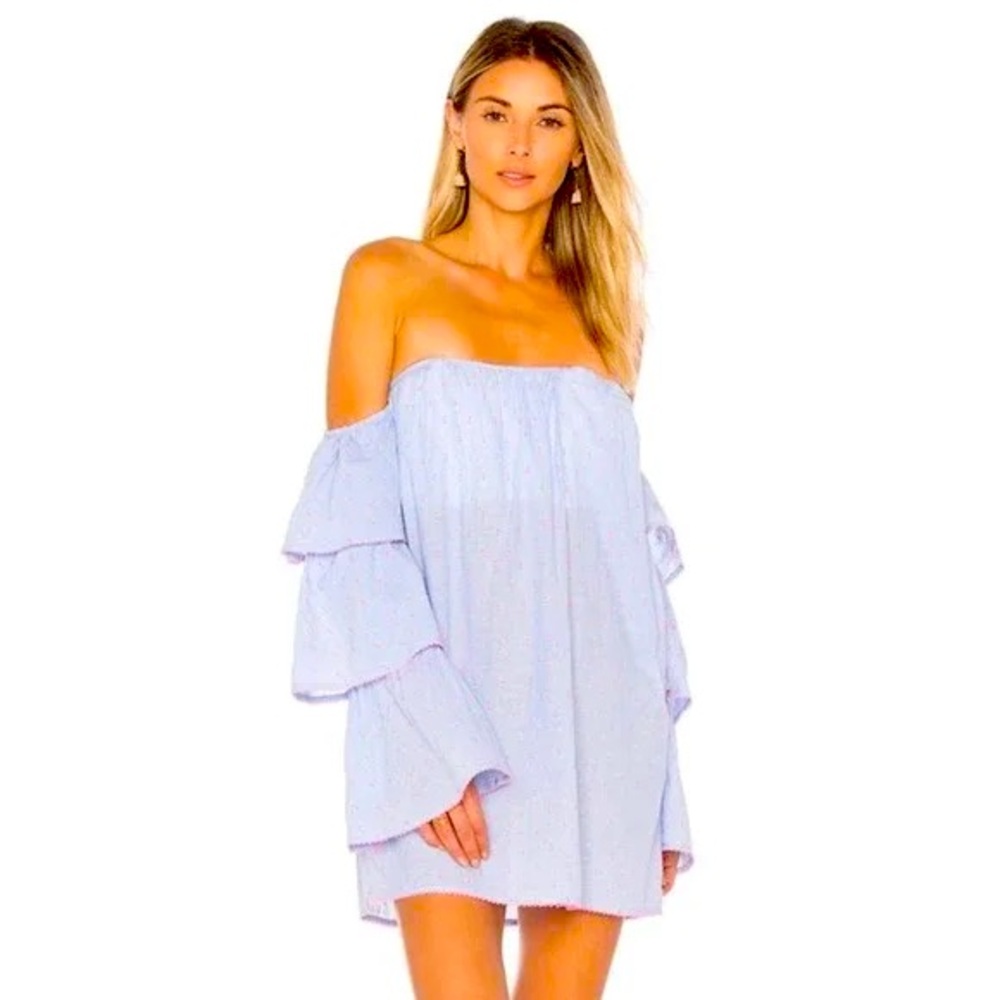 LOVERS + FRIENDS Off Shoulder Light Blue and Pink Mini “Ronita” Party Dress